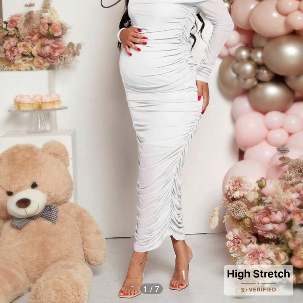 Elegant White Ruched Maternity Dress